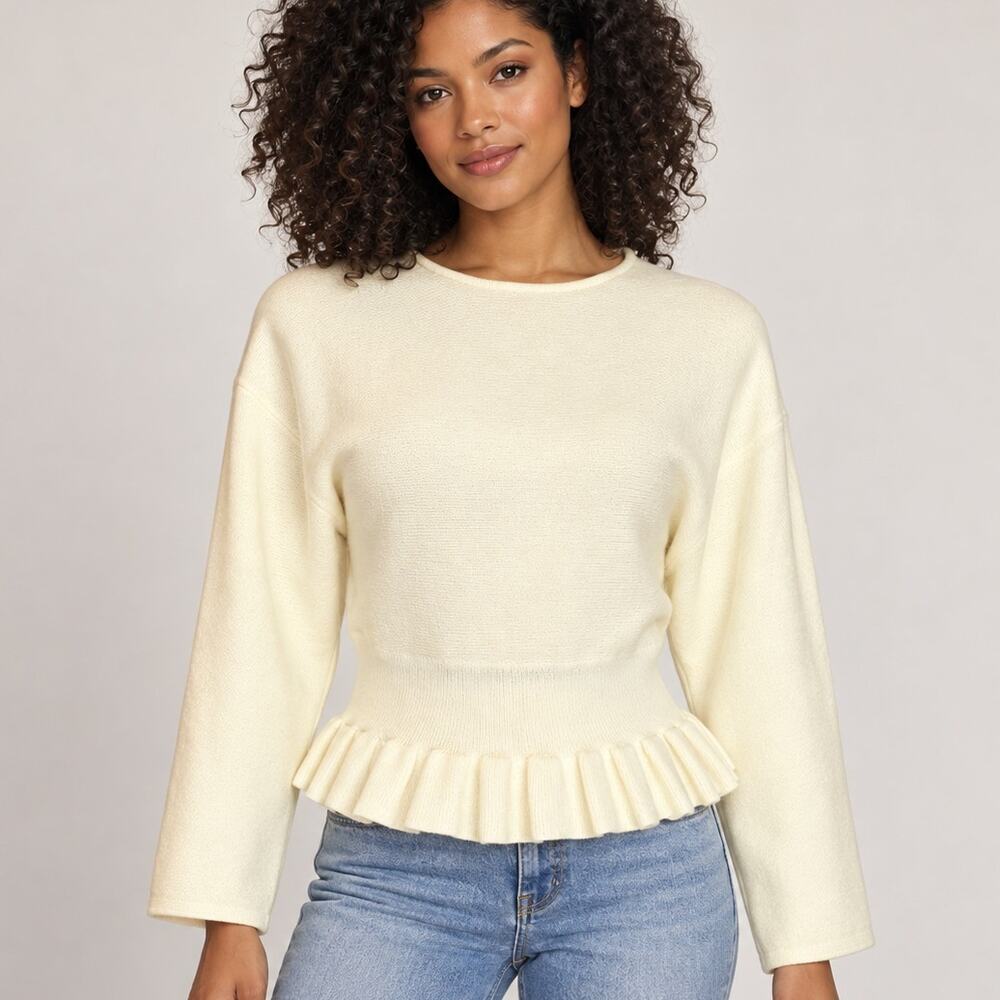 English Factory Ivory Ribbed Knit Mock Neck Peplum Sweater Top Size M NWT